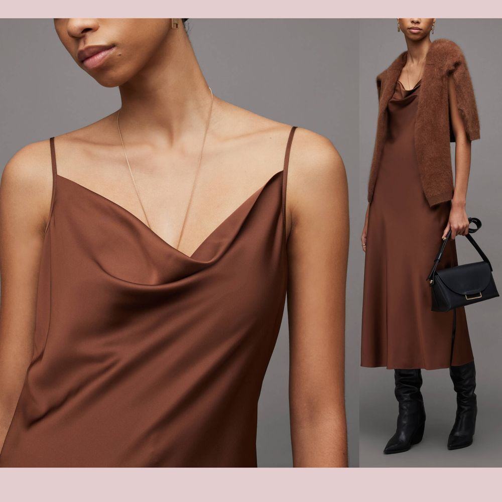 NWT $199 All Saints‎ [ 10 US ] Hadley Cowl Neck Midi Slip Dress Warm Brown - Picture 2 of 16